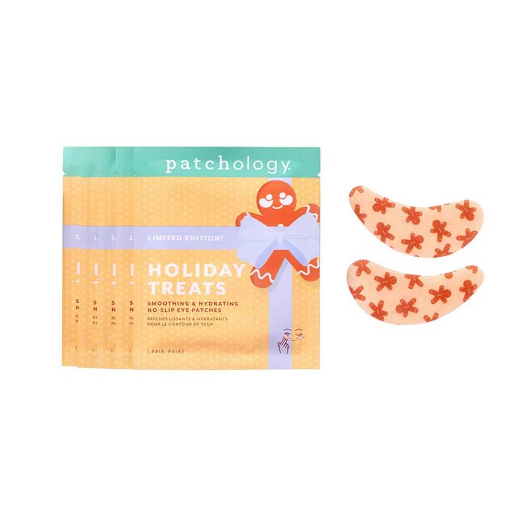 Patchology Holiday Treats Eye Gel Patches individual packages with a pale purple ribbon illustration, on a white background.