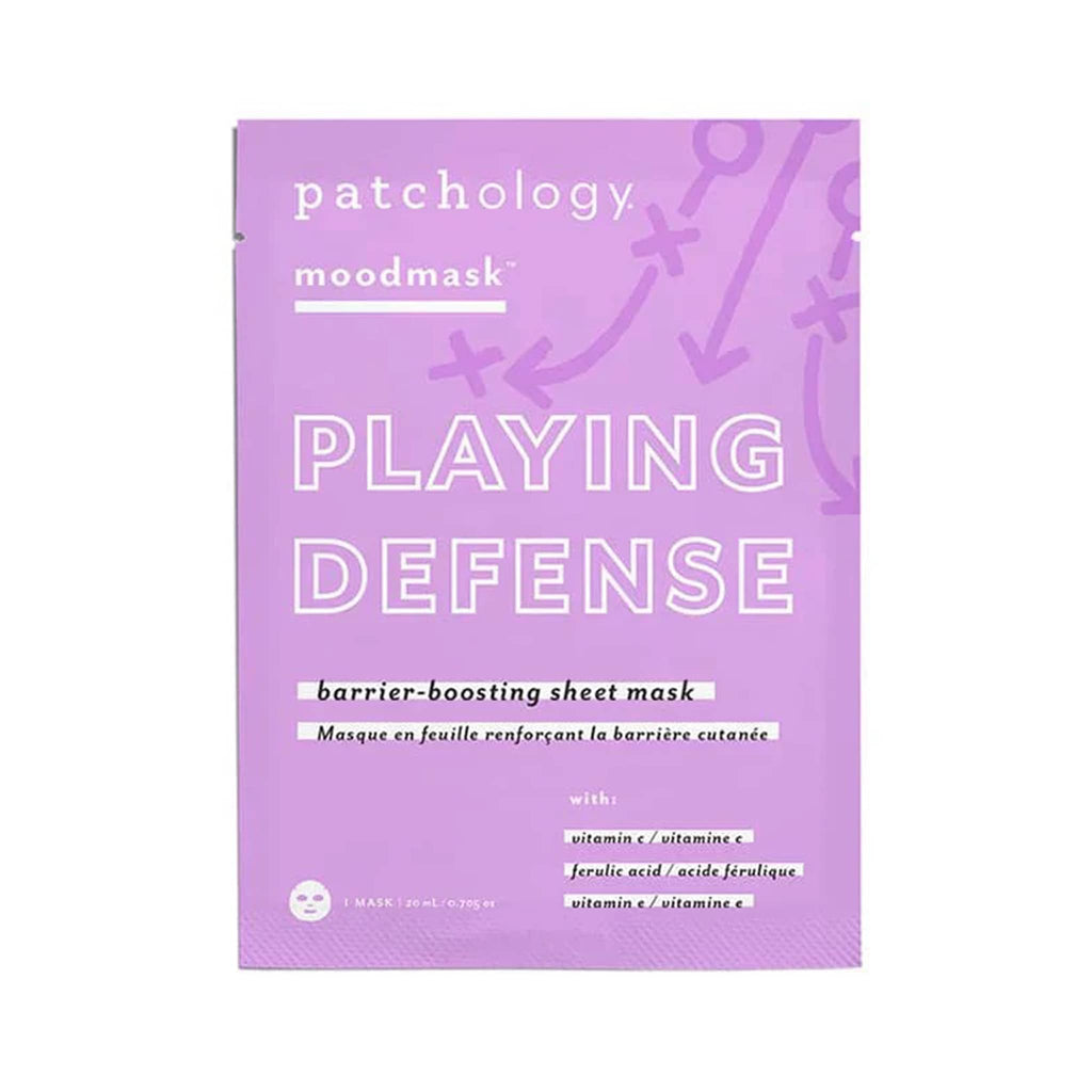 Patchology Moodmask Playing Defense Barrier-Boosting Sheet Mask in purple pouch packaging.