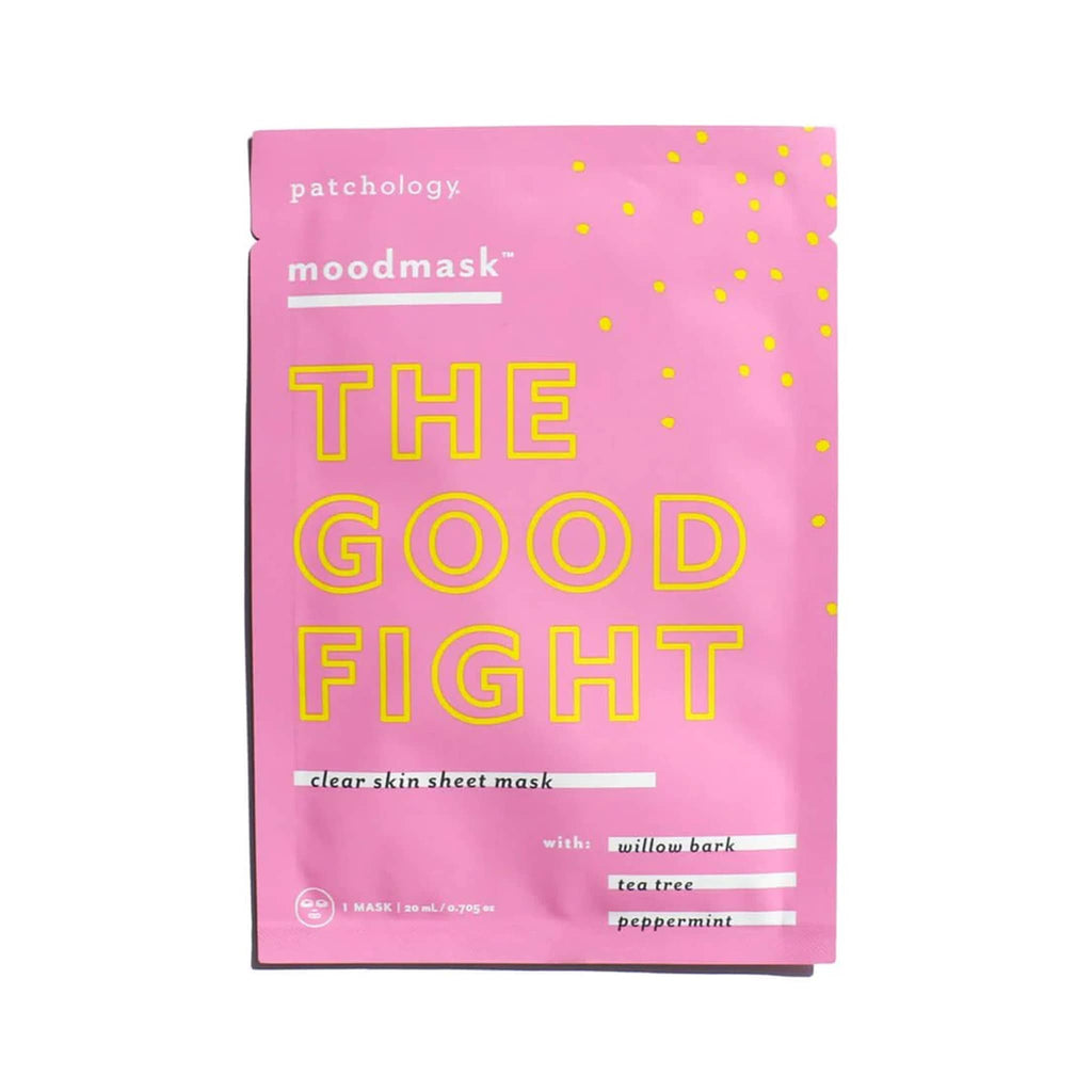 Patchology Moodmask The Good Fight Clear Skin Sheet Mask in pink pouch packaging, front view.