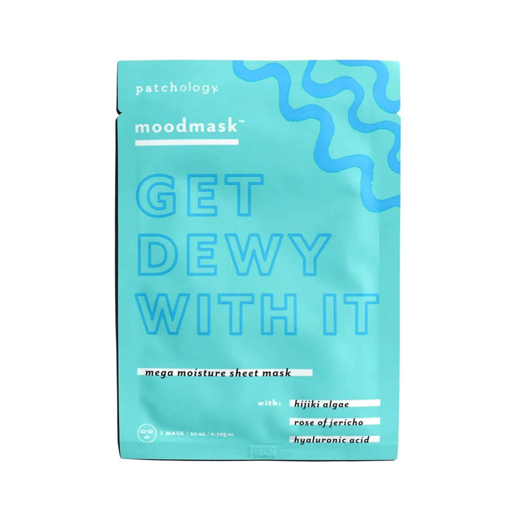 Patchology Moodmask Get Dewy With It Mega Moisture Sheet Mask in blue pouch packaging, front view.
