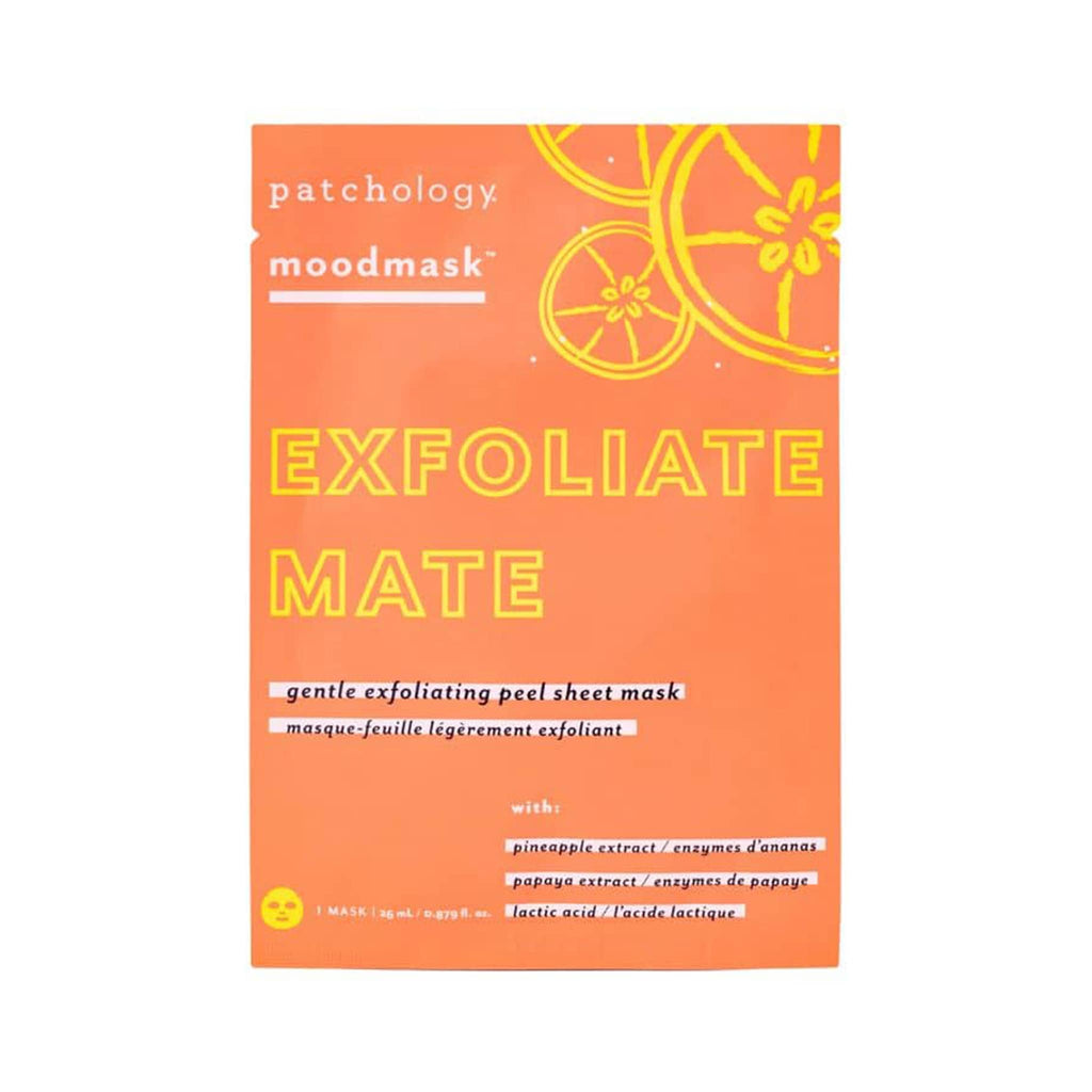 Patchology Moodmask Exfoliate Mate single sheet face mask in orange pouch packaging.