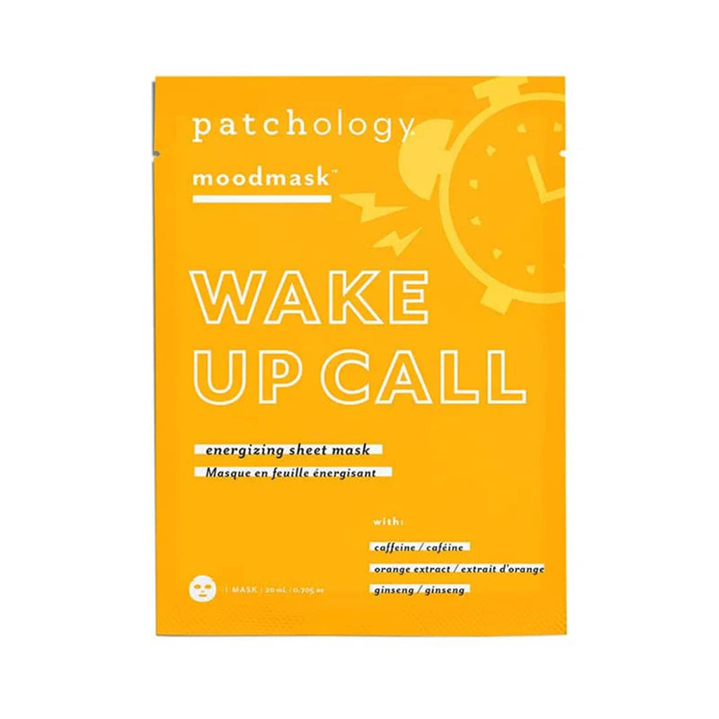 Patchology Moodmask Wake Up Call Energizing Sheet Mask in orange pouch packaging, front view.