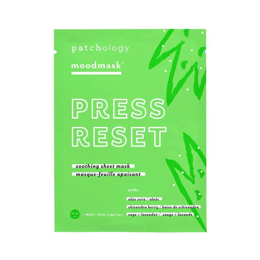 Patchology Moodmask Press Reset Soothing Sheet Mask in green pouch packaging, front view.