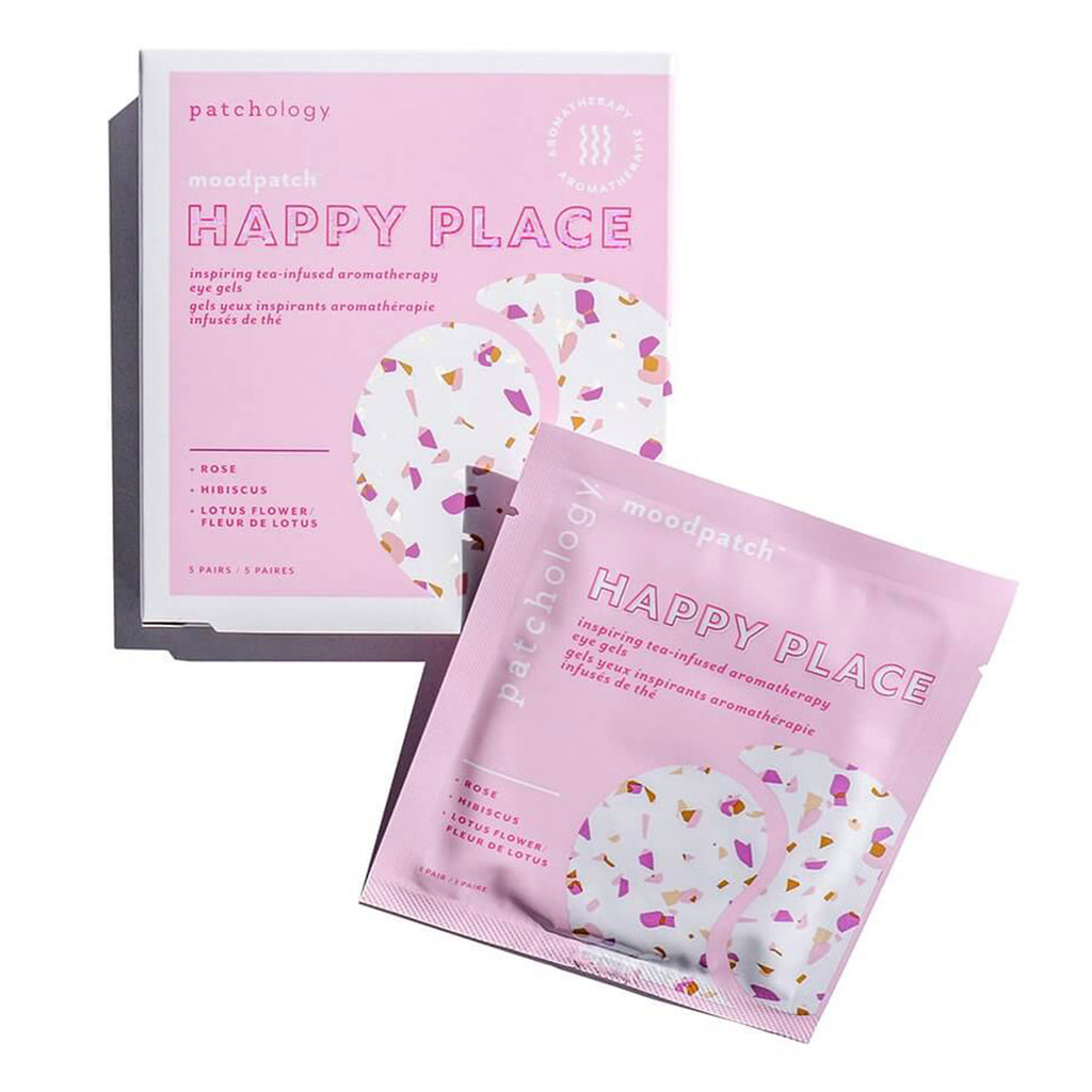 Patchology Moodpatch Happy Place Inspiring Tea-Infused Aromatherapy Eye Gels in pink box packaging with a packet outside.
