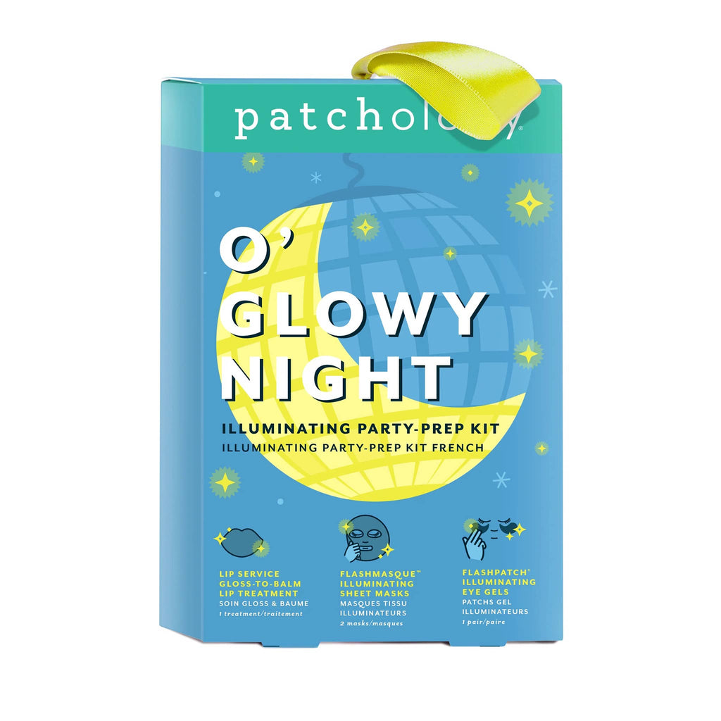 Patchology O' Glowy Night Illuminating Party Prep Kit in blue box packaging with a moon and disco ball.