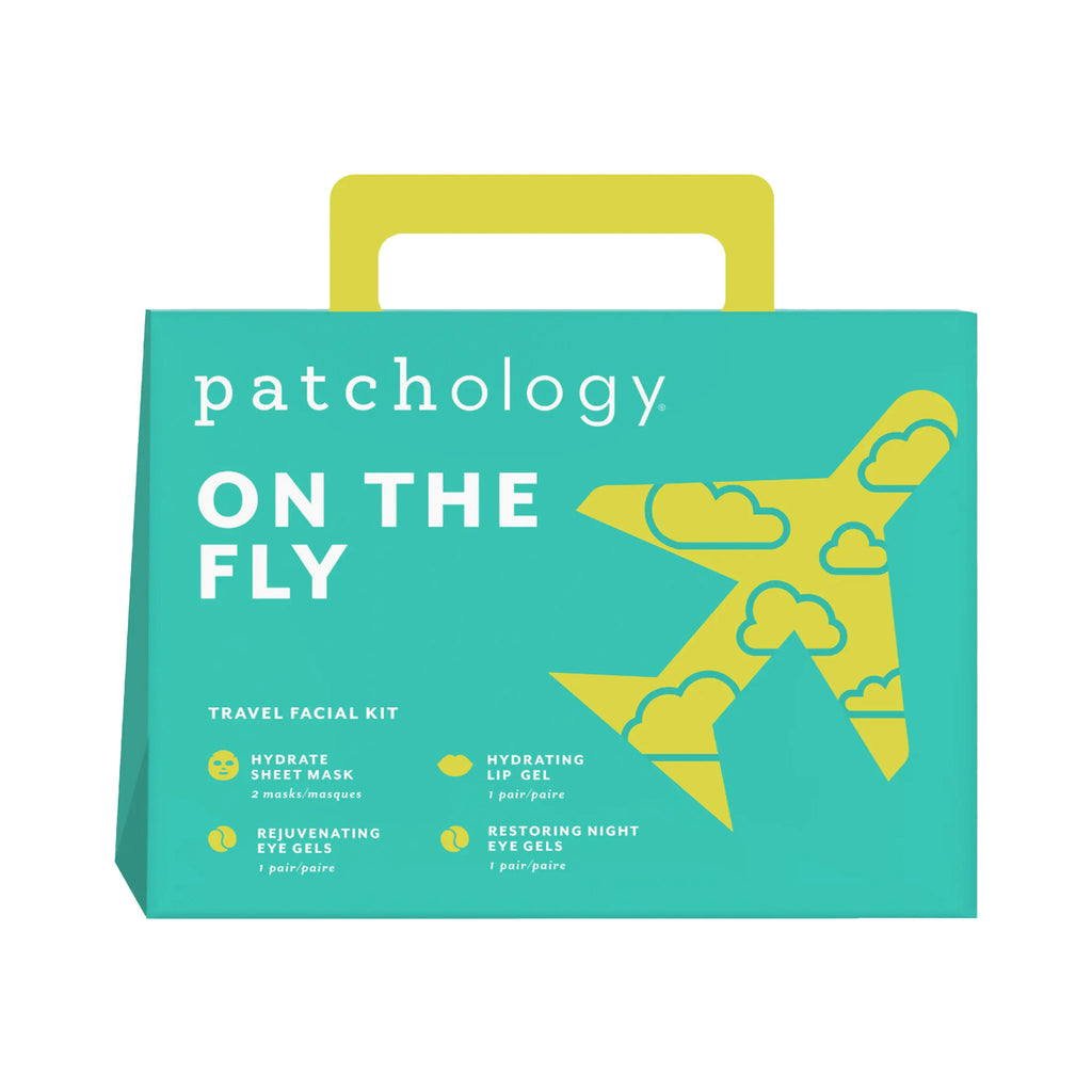 Patchology On the Fly Travel Facial Kit in green box packaging with yellow handle, front view.