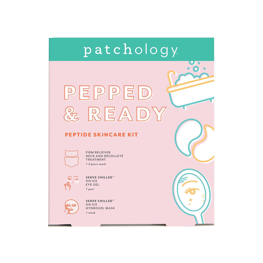 Patchology Pepped & Ready peptide skincare kit packaging on a white background.