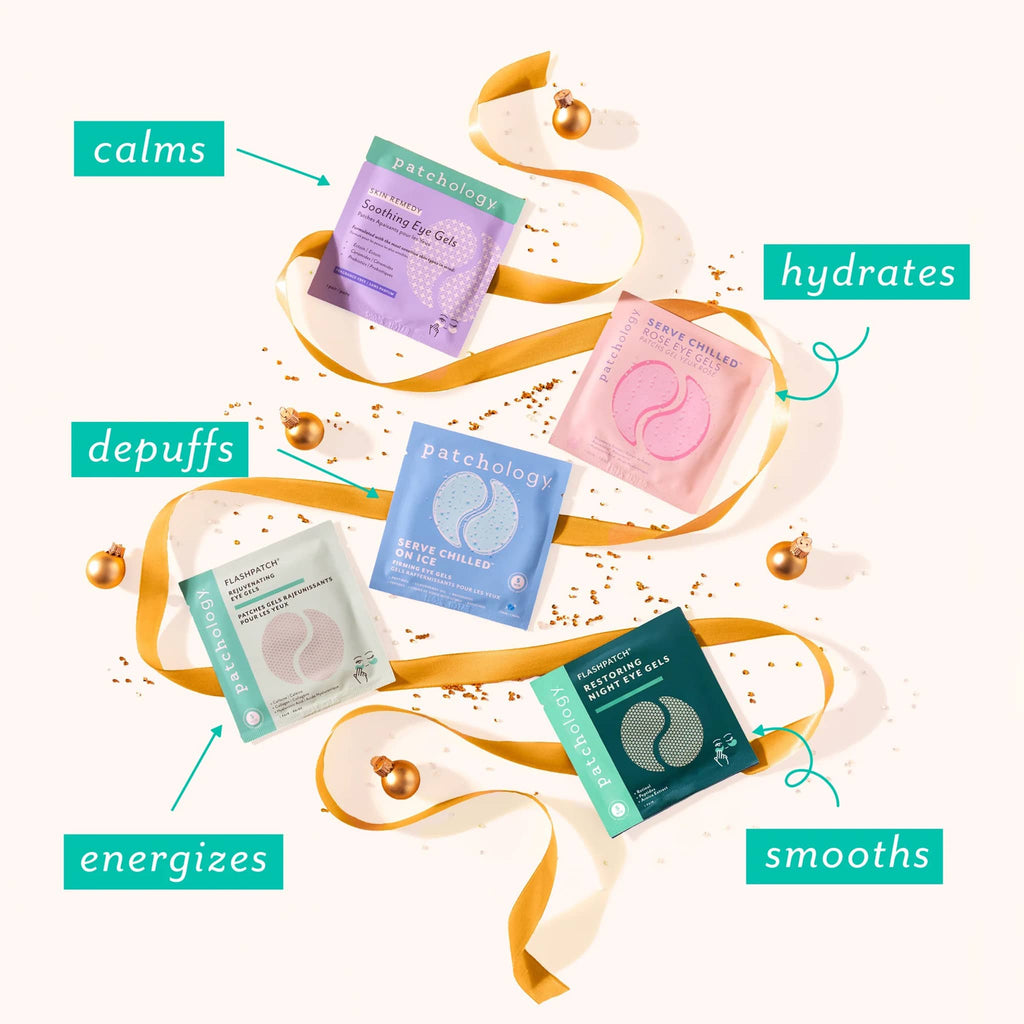 5 Patchology eye gel packets with decorative ribbons on a white background.