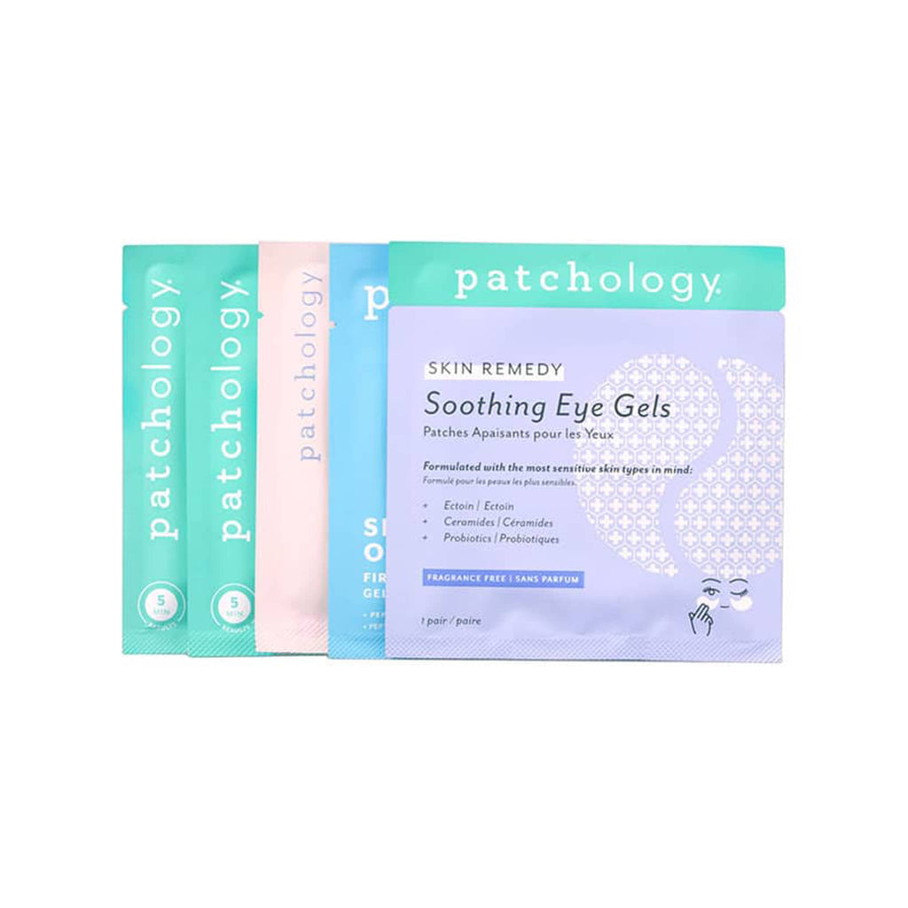 5 packs of Patchology Soothing Eye Gels on a white background.