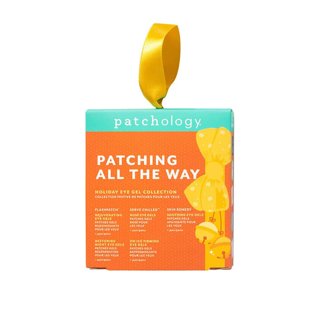 Patchology Patching All The Way holiday eye gel collection orange packaging with a yellow ribbon illustration, on a white background.