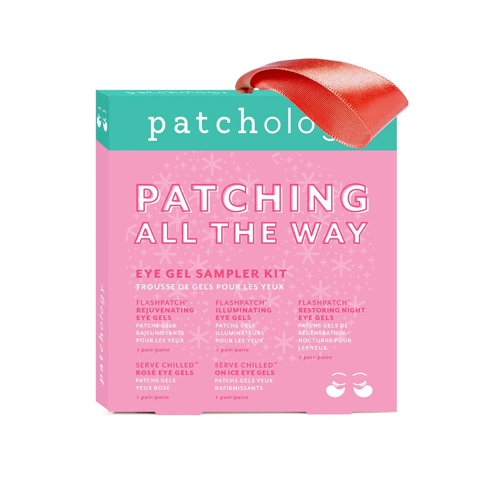 Patchology Patching All the Way Eye Gel Sampler Kit in pink box packaging with red ribbon hanging loop, front view.