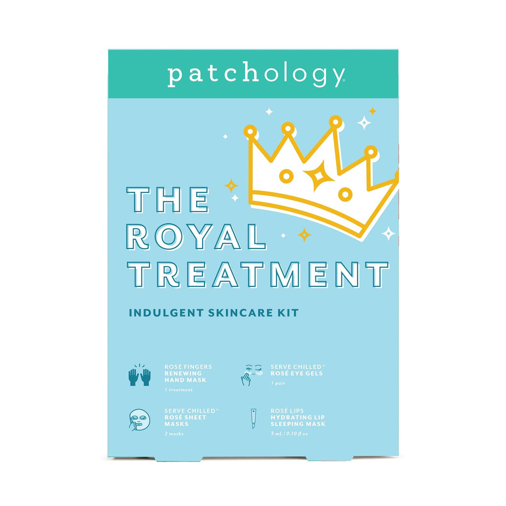 Patchology The Royal Treatment light blue skincare kit packaging with a crown design on a white background.