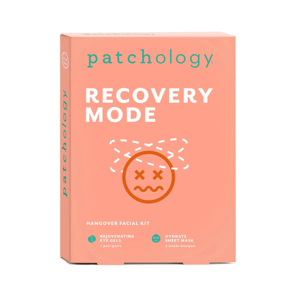 Patchology Recovery Mode Hangover Facial Kit in orange box packaging, front view.