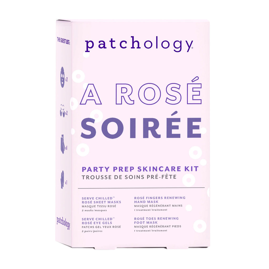 Patchology A Rose Soiree Party Prep Skincare Kit in box packaging, front view.