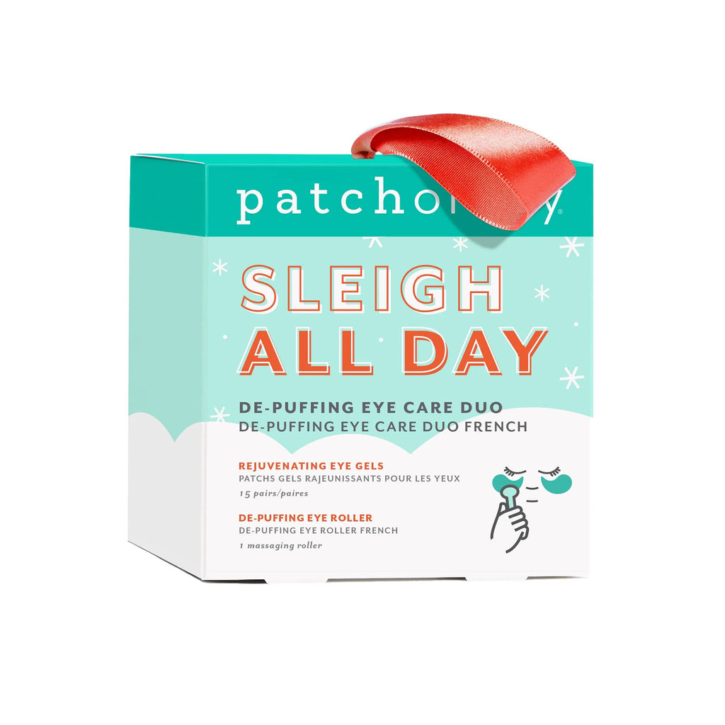 Patchology Sleigh All Day De-puffing eye care duo in green, white and red holiday box packaging with red ribbon hanging loop, front view.