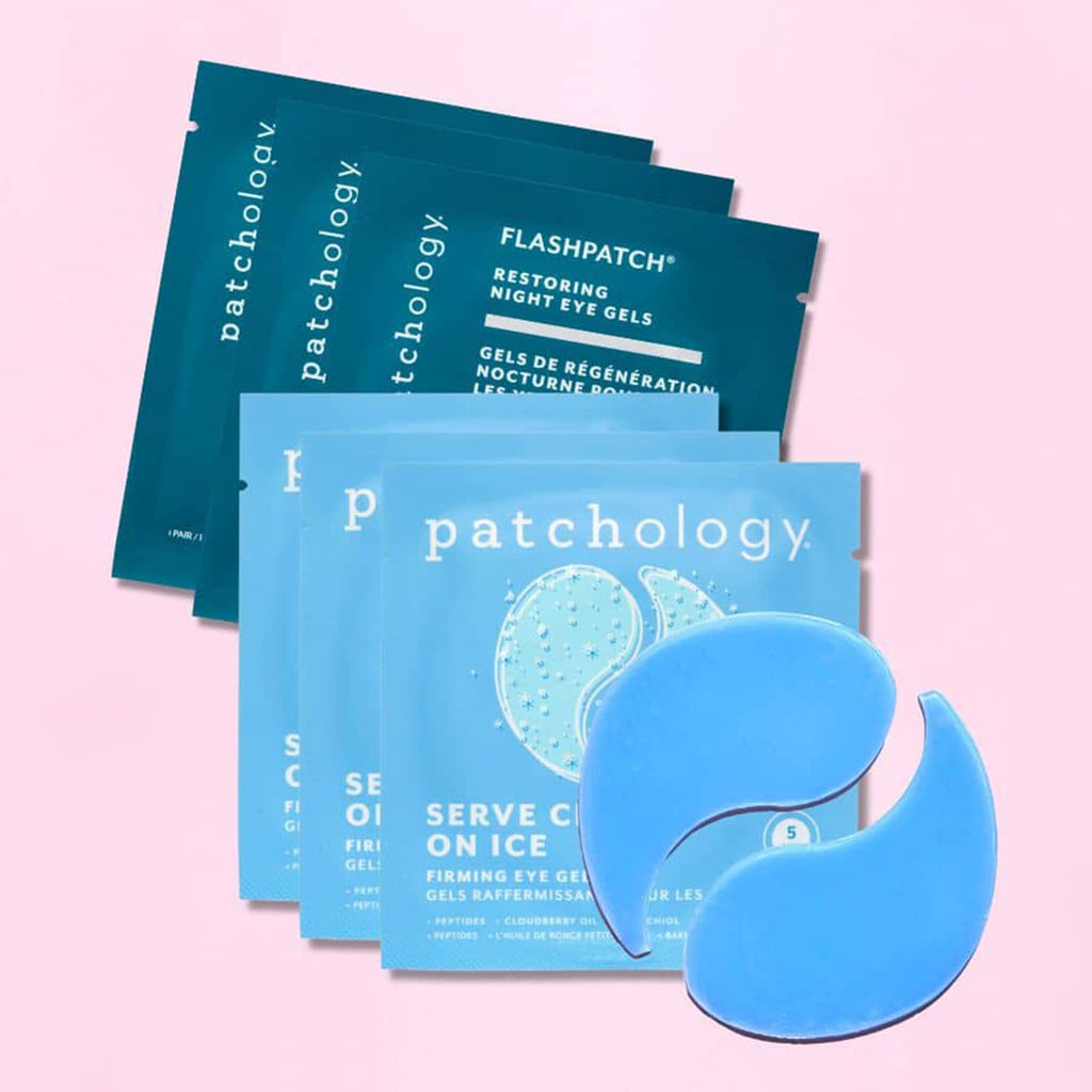 Patchology 'Something Blue' wedding prep eye gel kit contents on a pink background.