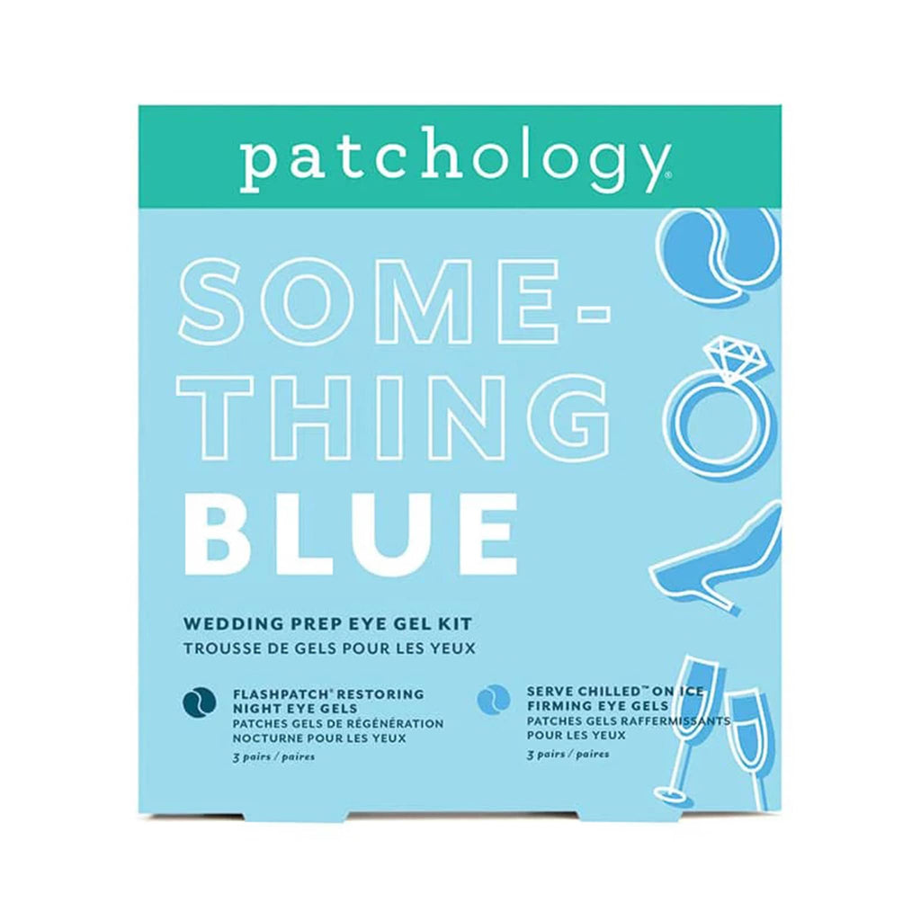 Patchology 'Something Blue' wedding prep eye gel kit packaging on a white background.