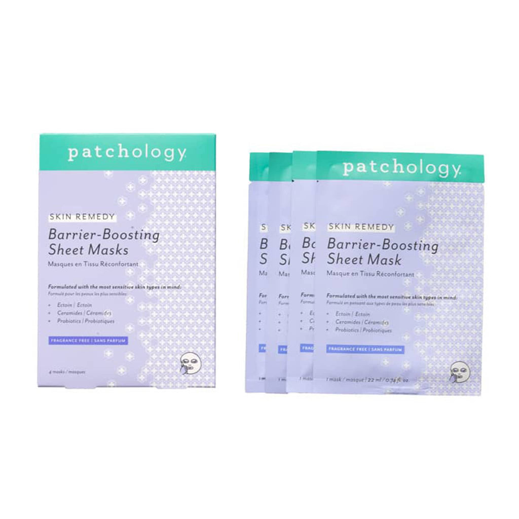 4 packages of Patchology Barrier-Boosting Sheet Masks with outer box packaging, on a white background.