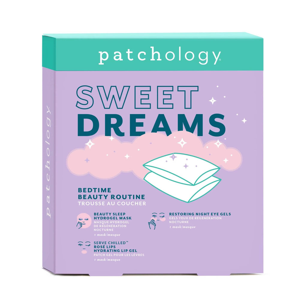 Patchology Sweet Dreams Bedtime Beauty Routine Kit in purple box packaging, front view.