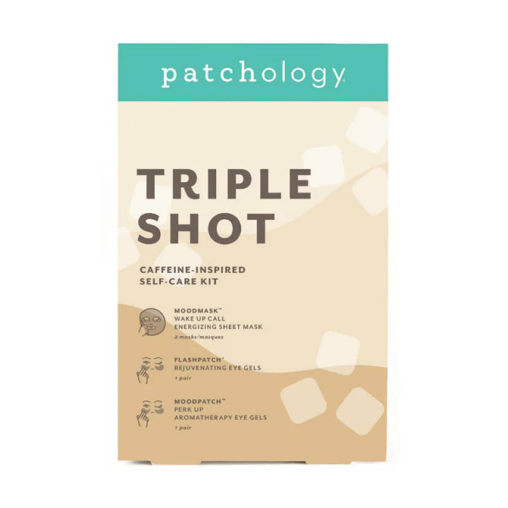 Patchology Triple Shot caffeine-inspired self-care kit packaging on a white background.