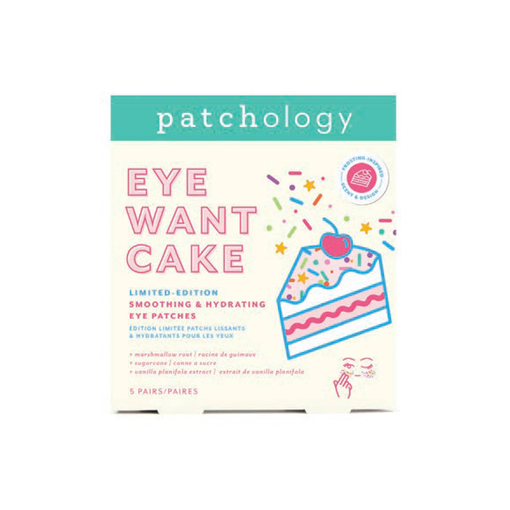 Patchology Eye Want Cake Limited Edition Smoothing & Hydrating Eye Patches in box packaging, front view.