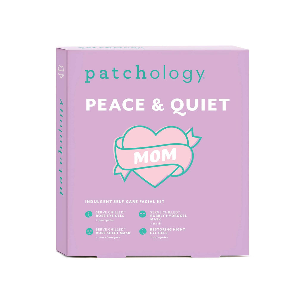 Patchology Mom Peace and Quiet Indulgent Self Care Facial Kit in purple box packaging, front view.