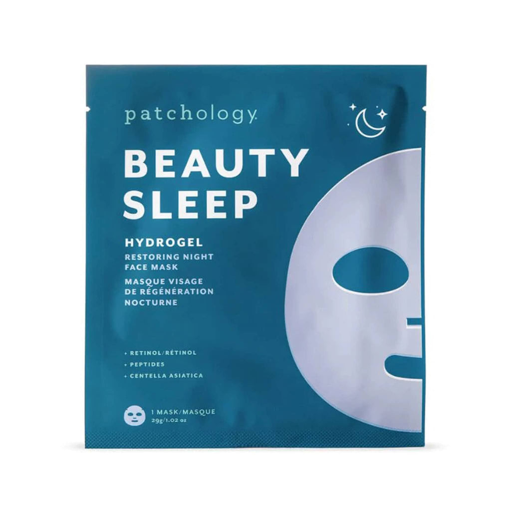 Patchology Beauty Sleep Hydrogel Restoring Night Face Sheet Mask in blue pouch packaging.