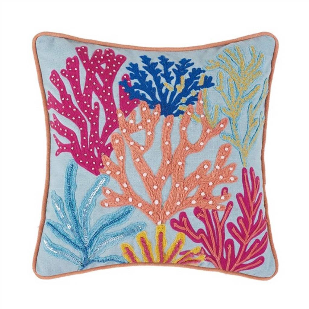 Peking Handicraft tropical coral embroidered cotton throw pillow, front view.