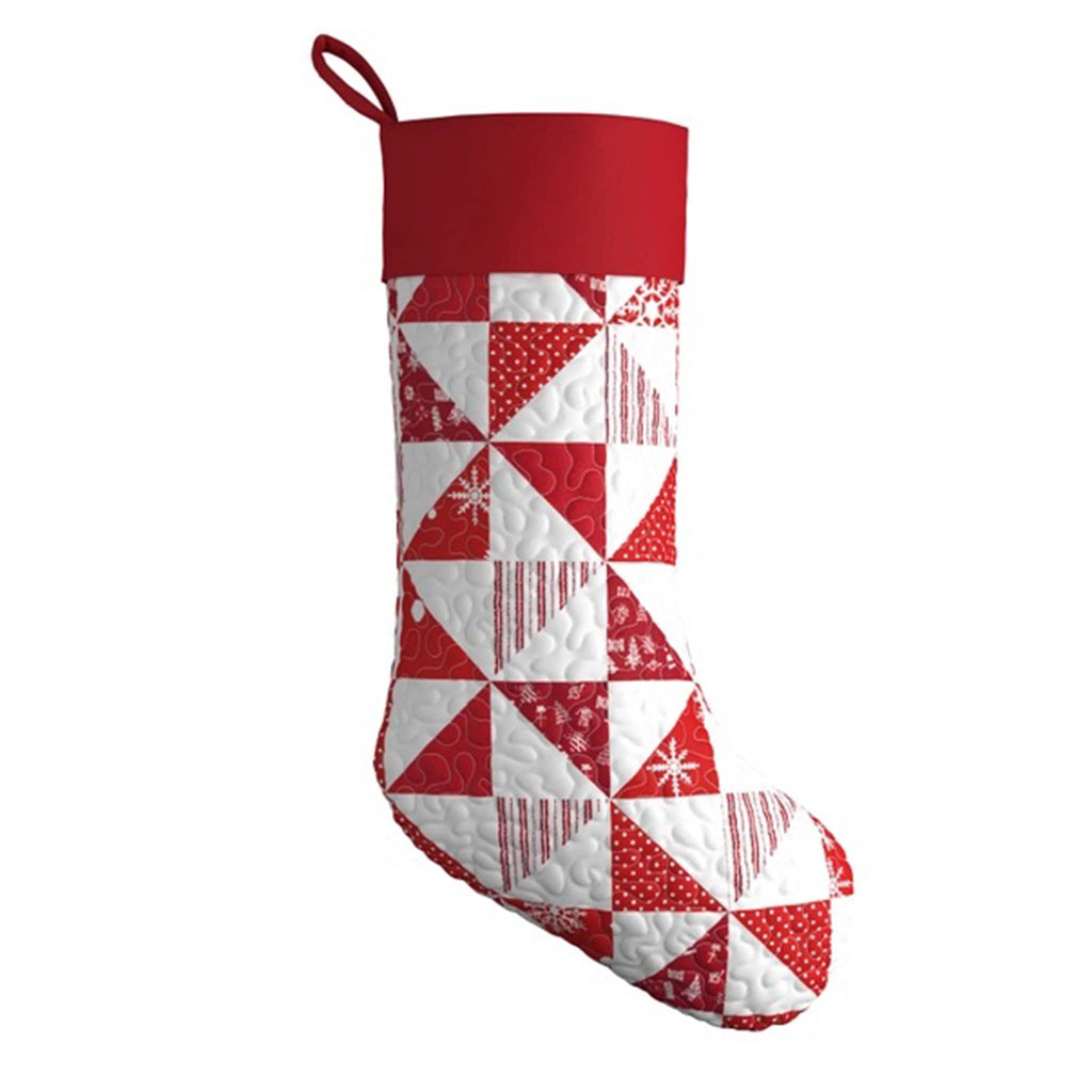 Red and white quilted Christmas stocking, stuffed, on a white background.