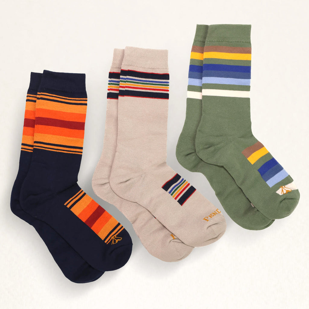 Pack of 3 Pendleton National Park Socks in Grand Canyon, Yellowstone and Rocky Mountain striped patterns.