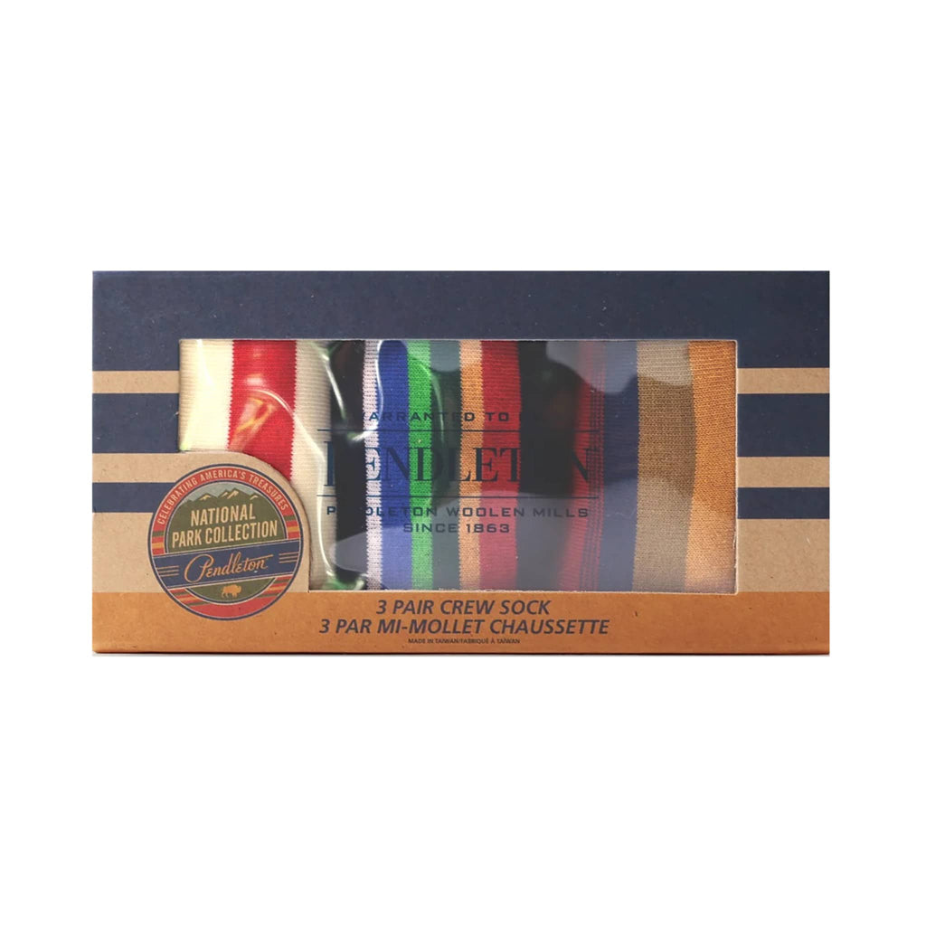 Pendleton crew socks in Glacier Park, Crater Lake and Zion National Park Stripes print in box packaging.