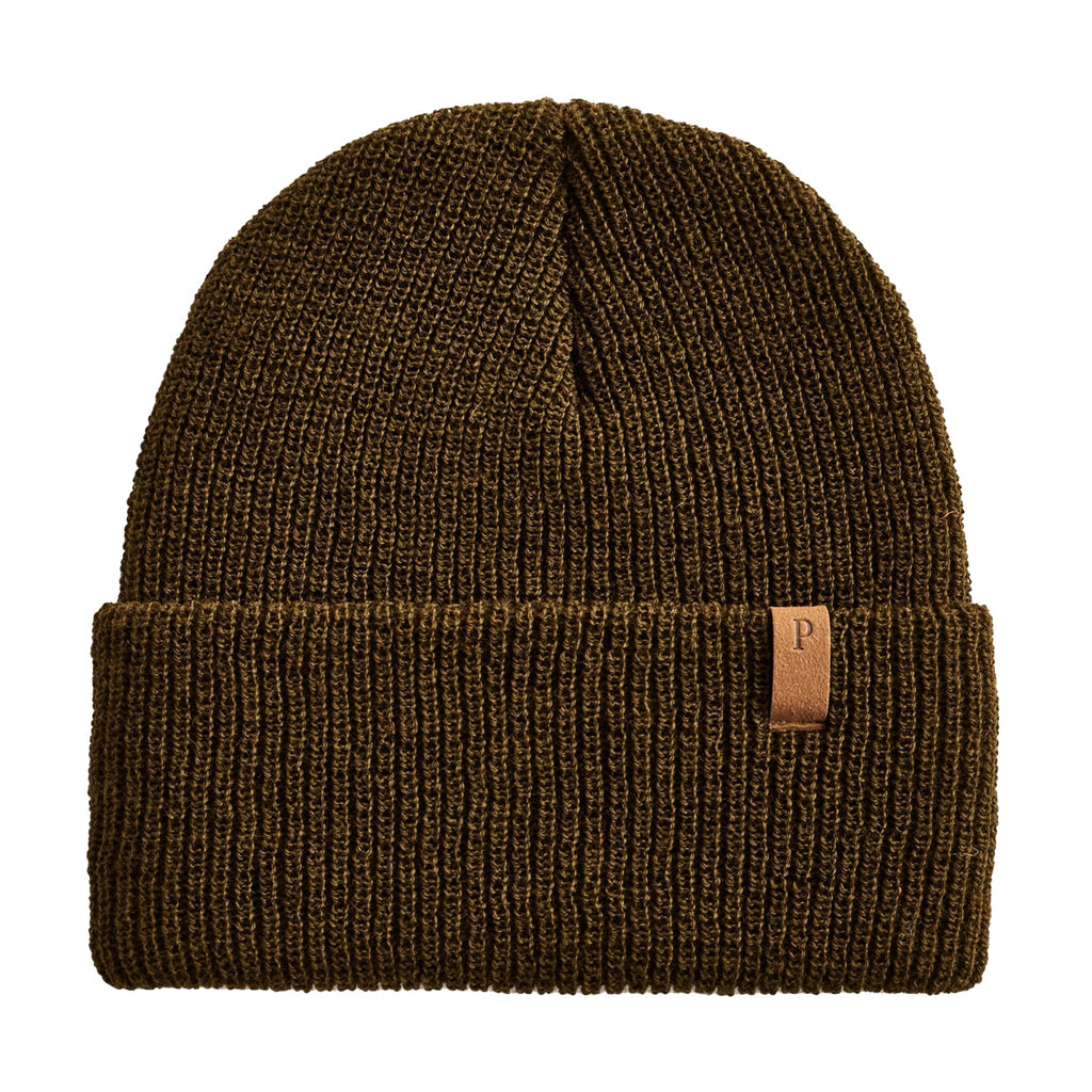 Brown knit watch cap with a Pendleton brand leather logo strap, on a white background.