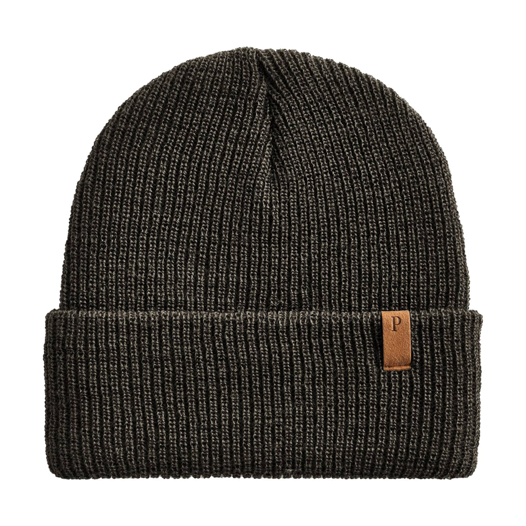 Dark gray knit watch cap with a Pendleton brand leather logo strap, on a white background.
