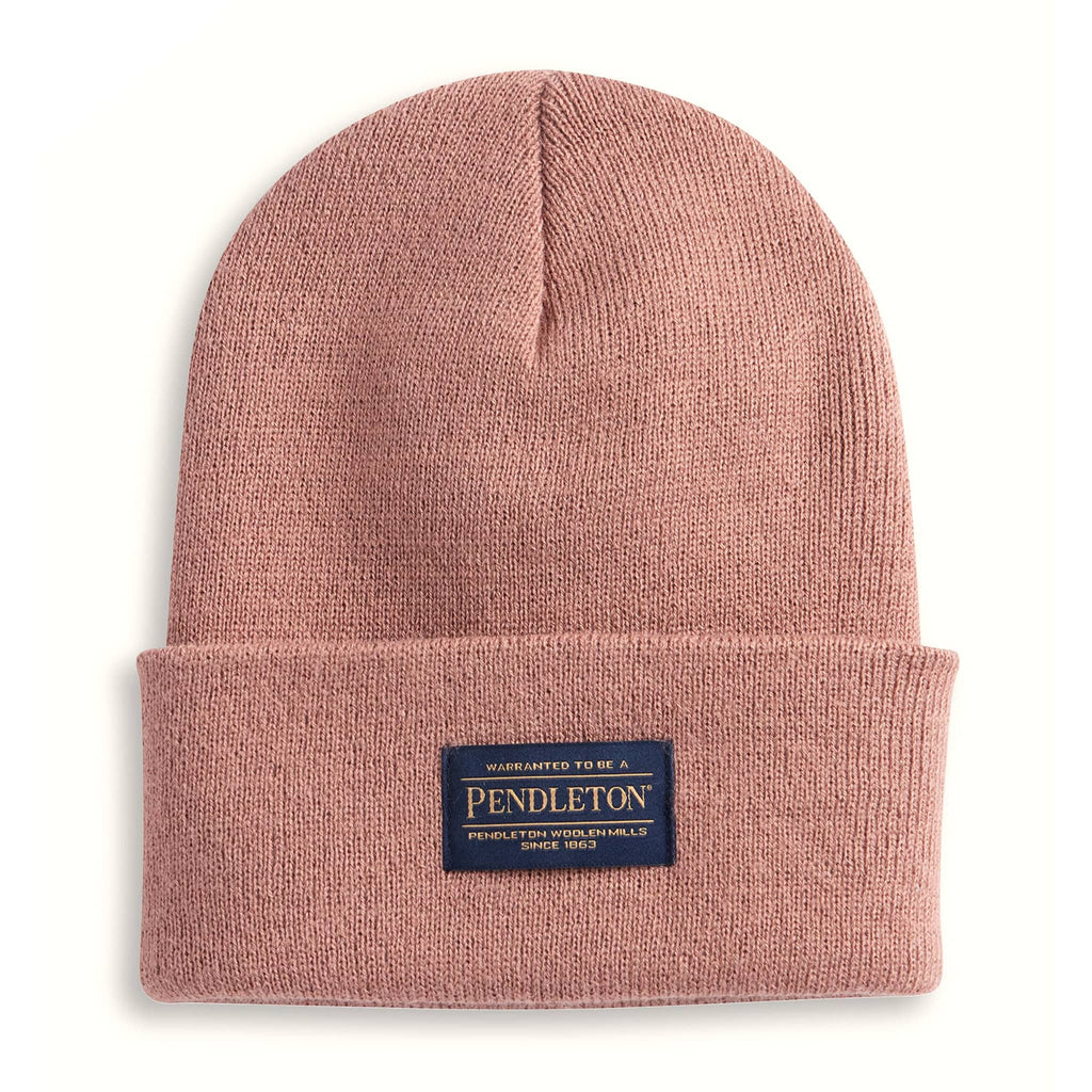 Dusty pink beanie with Pendleton logo on a white background.