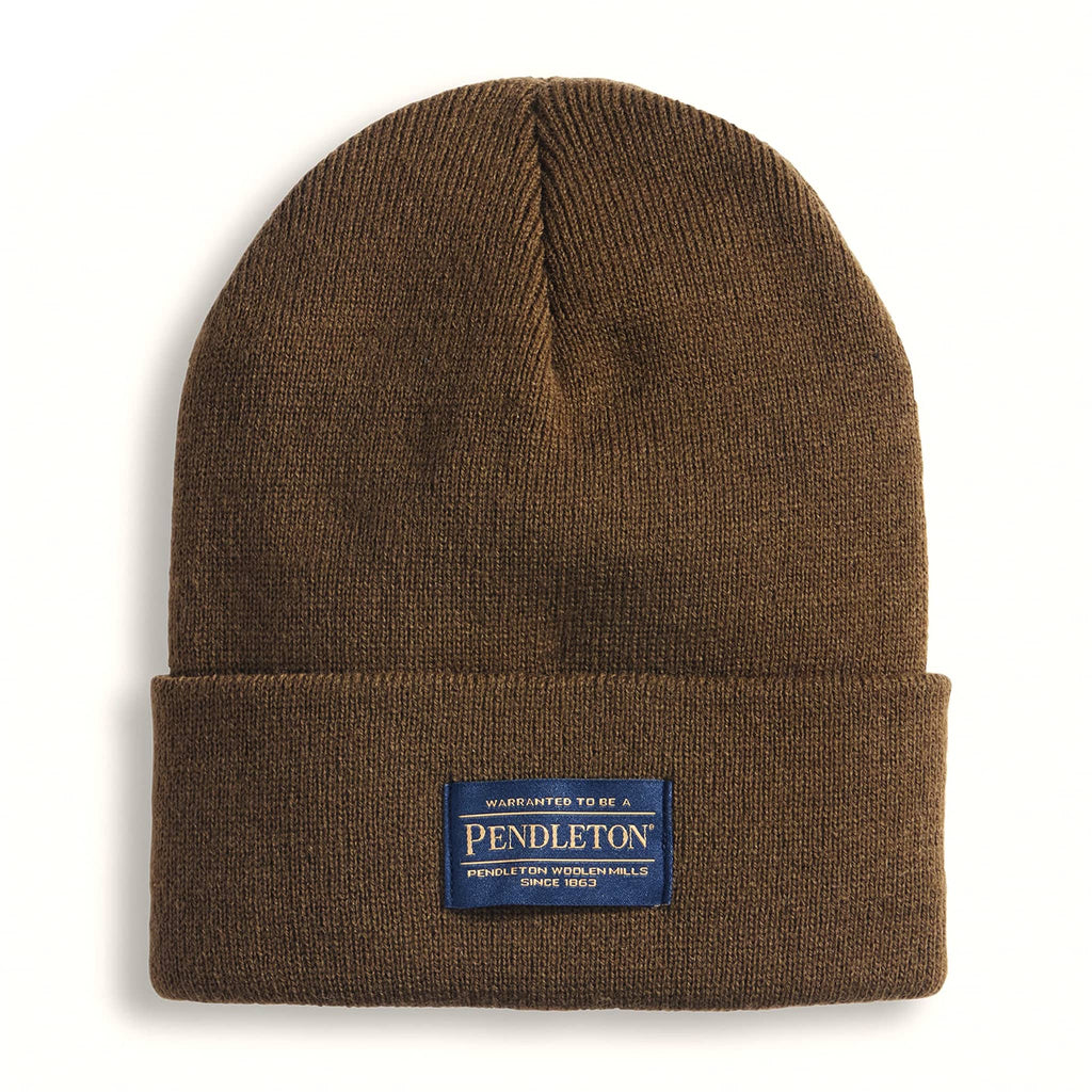 Olive beanie with Pendleton label on a white background.