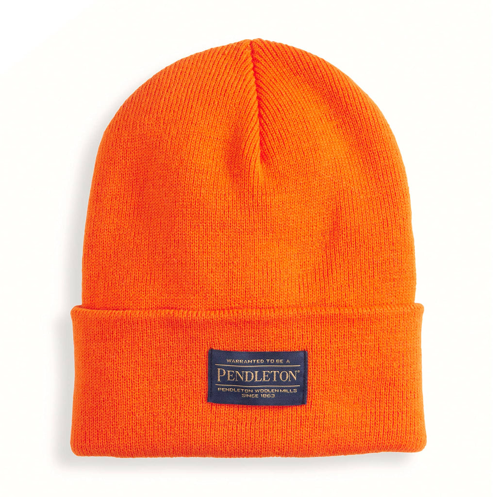 Orange beanie with Pendleton label on a white background.
