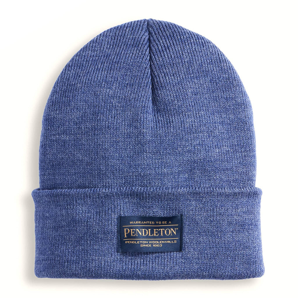 Blue knit beanie with Pendleton label on a white background.