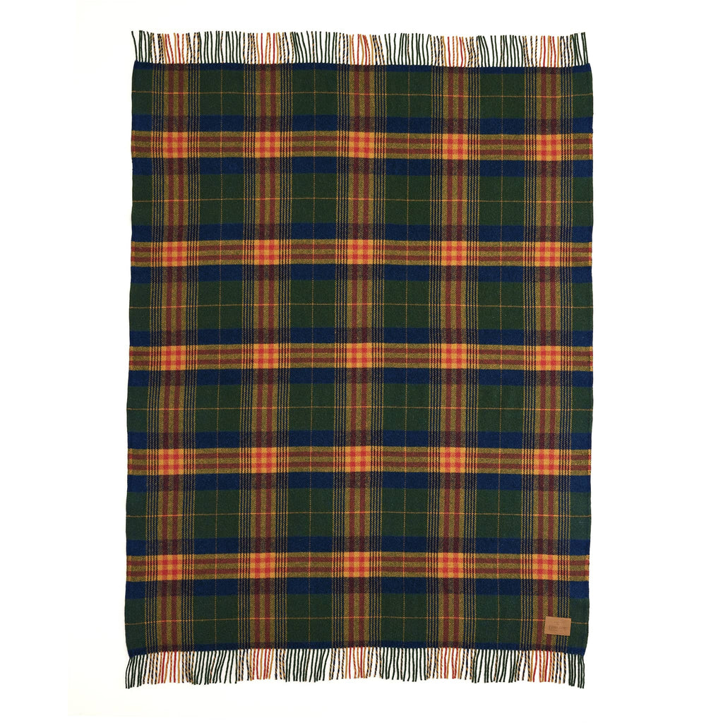Green, yellow, red and blue plaid blanket with fringe on a white background.