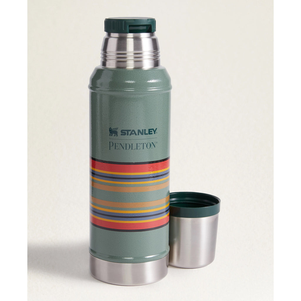 Pendleton x Stanley Classic Insulated Thermos Bottle in Hammertone Green with Yakima colored stripes, lid off.