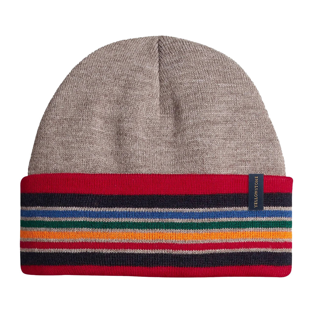 Taupe knit beanie with a colorful striped band on a white background.