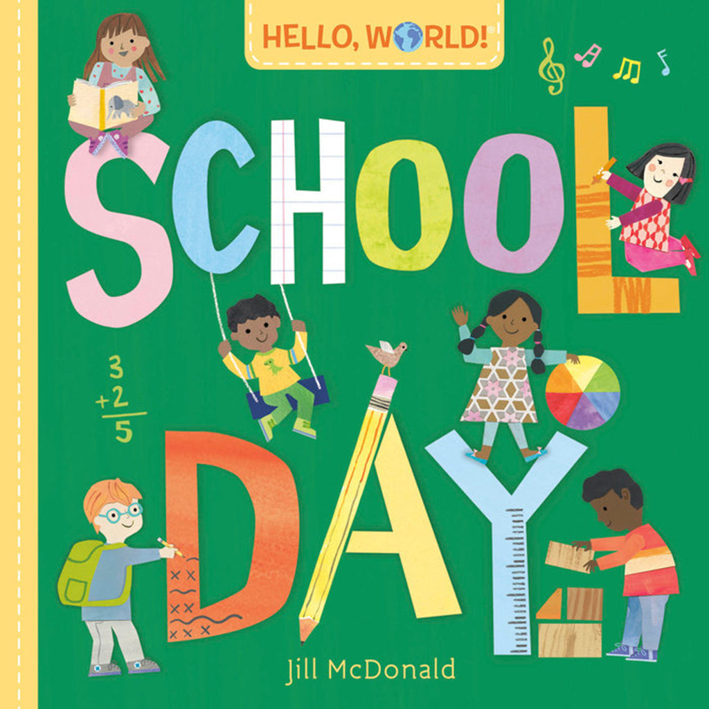 Book cover of 'School Day' with colorful text and illustrations of children on a green background.