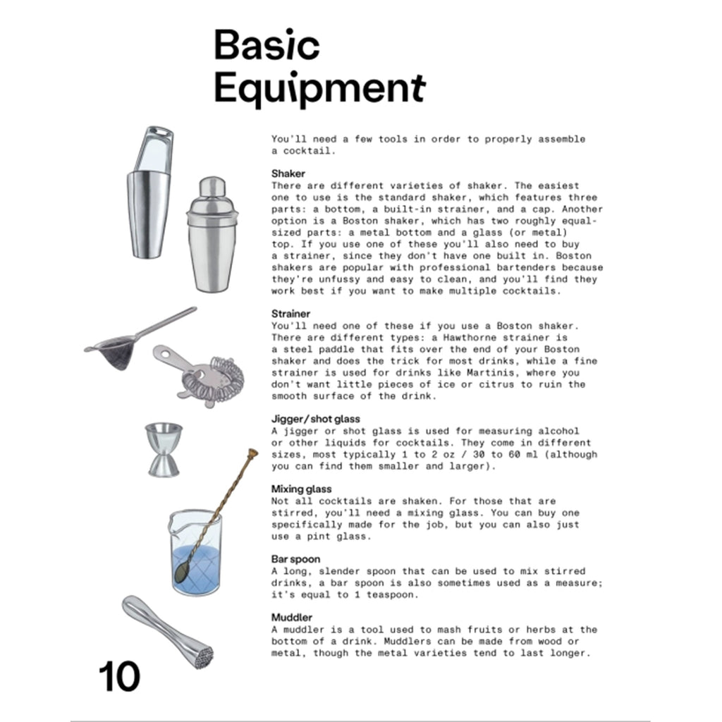 Basic Equipment sample page 1 from "Buzzworthy: cocktails inspired by female literary greats" by Jennifer Croll.
