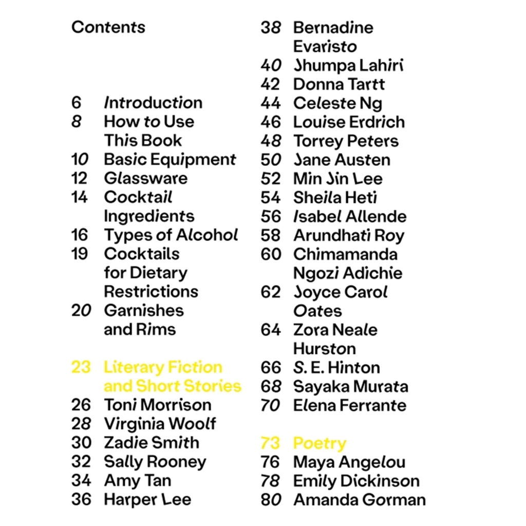 Table of Contents sample page 1 from "Buzzworthy: cocktails inspired by female literary greats" by Jennifer Croll.