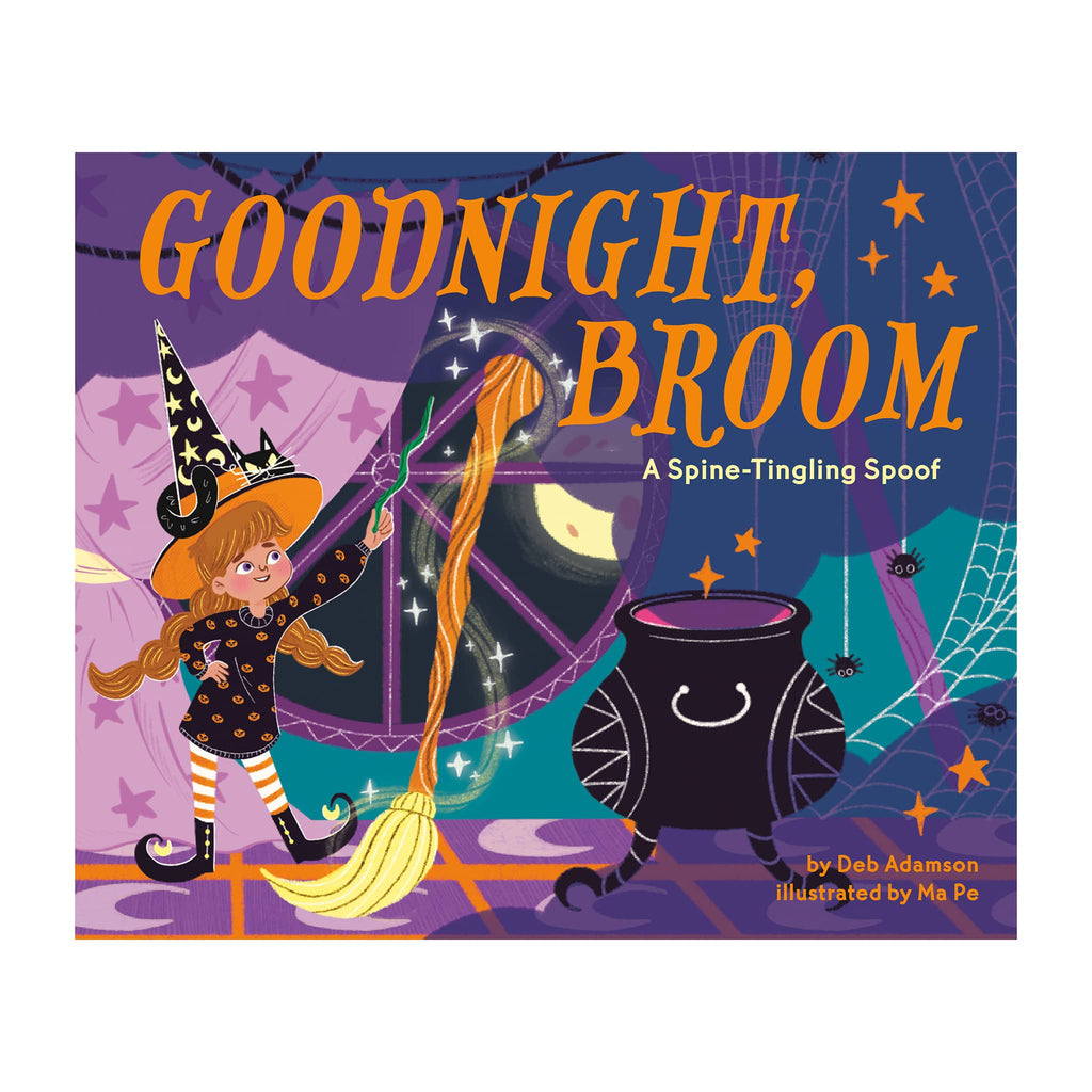 Book cover of 'Goodnight, Broom' with a witch character and broomstick on a purple background, shown on a white background.