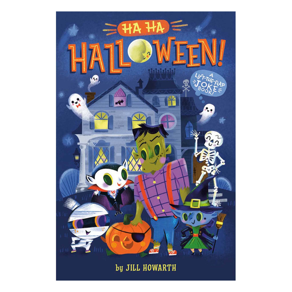 Book cover of 'Ha Ha Halloween!' with cartoon characters and a haunted house, on a white background.
