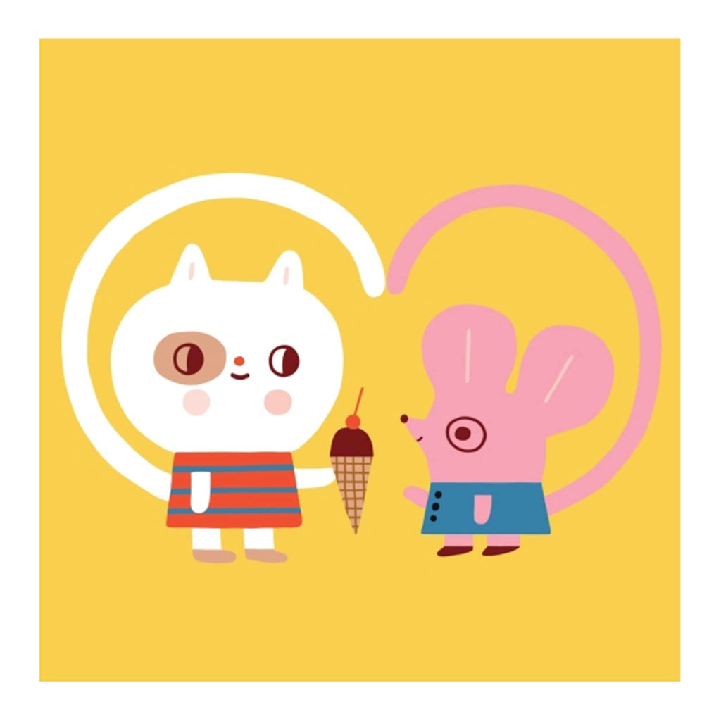 Two cartoon characters, a white cat and a pink mouse, standing next to each other with a heart shape on a yellow background.