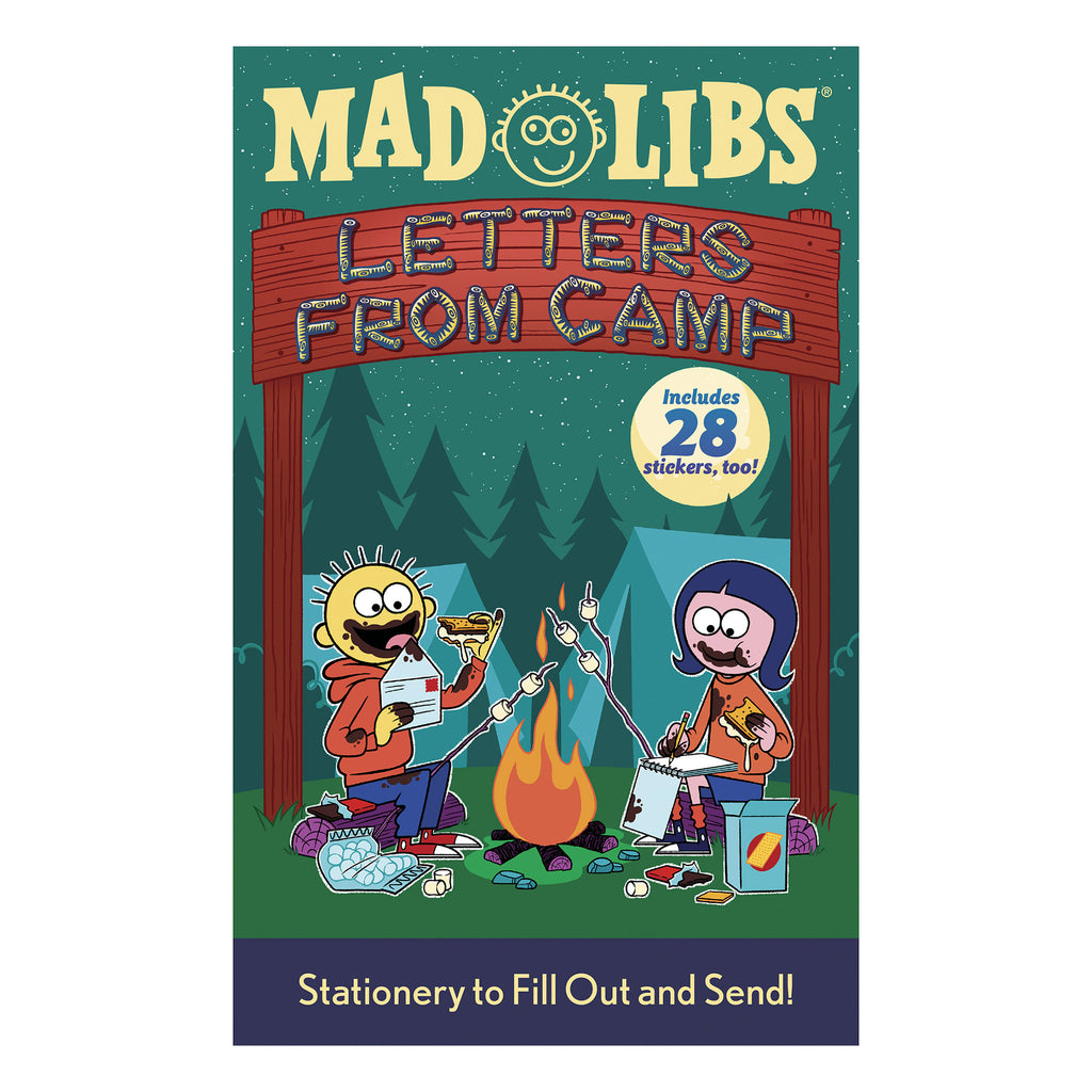 Penguin Random House Letters from Camp Mad Libs word games book front cover with illustration of kids with s'mores by a campfire writing letters.