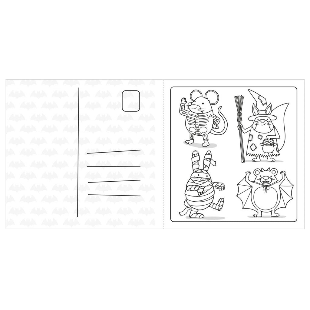Black and white illustration of cartoon animal characters in costumes.