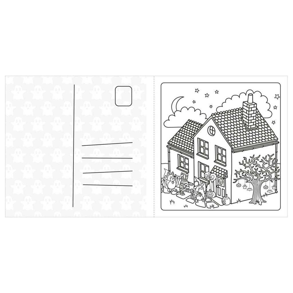Coloring book page with a house and trick or treaters illustration.