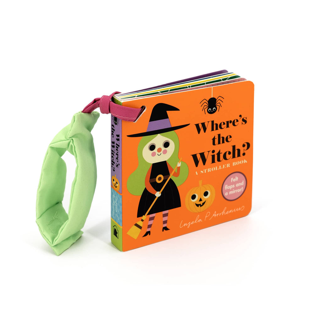 Children's stroller book titled 'Where's the Witch?' with a colorful cover and green strap on a white background.